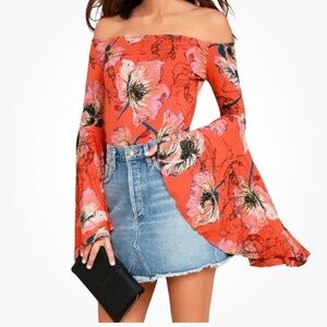 We The Free Birds of Paradise Off Shoulder Bell Sleeve Pullover Top Medium